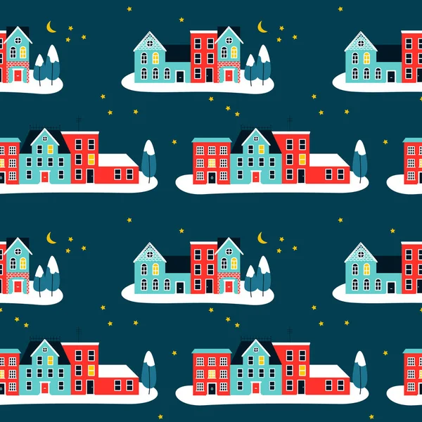 Christmas seamless pattern of cute houses in winter season for festive seasonal background. Holiday city at night with pine trees, snow, xmas lights.