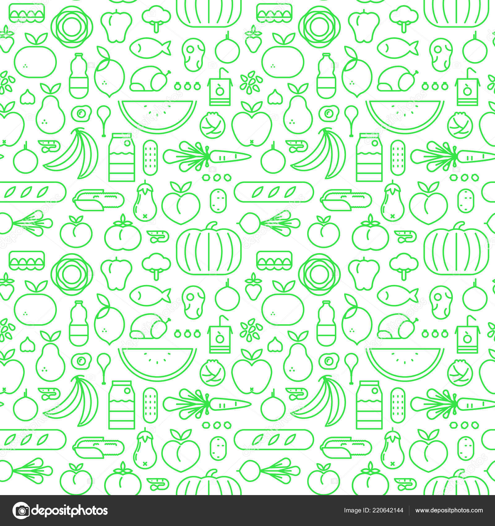 Food Icon Seamless Pattern Green Outline Symbols Healthy Eating