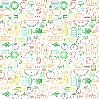 Renkli anahat tarzı simgeleri ile gıda simge seamless modeli. Sağlıklı beslenme veya dengeli beslenme kavramı arka plan. Meyve, sebze, et, ekmek ve süt içeren.