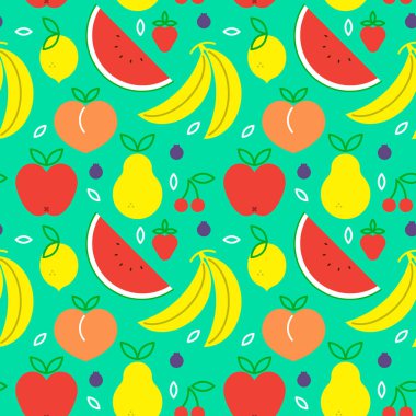 Meyve renkli düz çizgi film simgeleri ile seamless modeli. Sağlıklı beslenme veya dengeli beslenme kavramı arka plan. Elma, muz, karpuz ve daha fazlasını içerir.