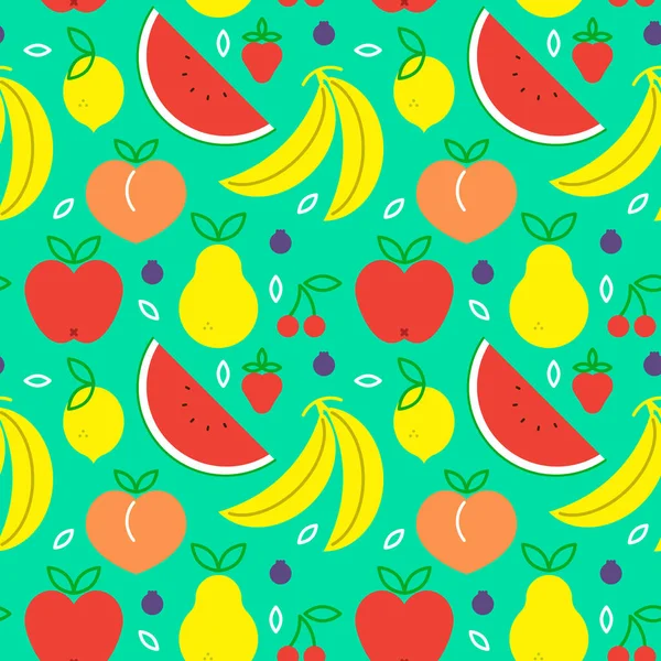 カラフルなフラット漫画のアイコンとフルーツのシームレスなパターン 健康的な食事や栄養バランス概念の背景 アップル バナナ スイカなど — ストックベクタ