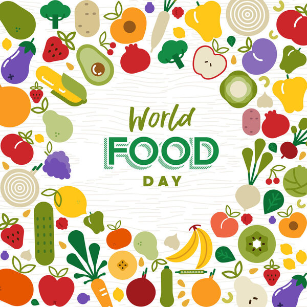 World Food Day greeting card illustration for nutrition or healthy diet with colorful flat cartoon icons. Includes vegetables and fruit.