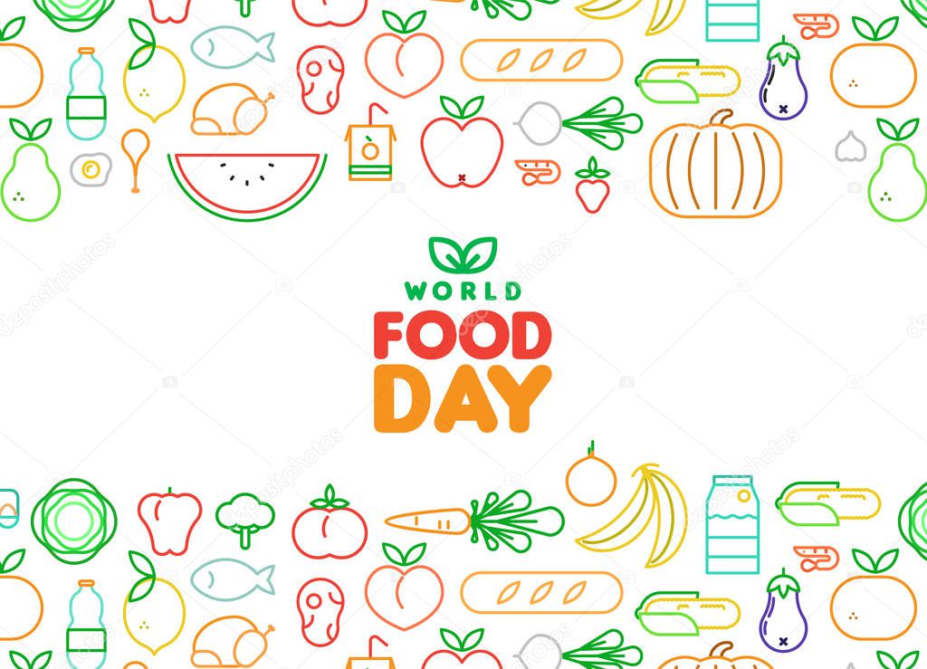 World Food Day greeting card illustration for nutrition and healthy diet with colorful outline style icons. Includes vegetables, fruit, bread, meat.