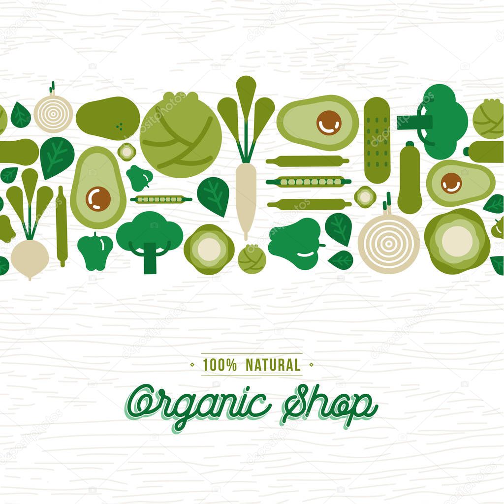 Organic shop concept with green vegetable cartoon icons. Healthy eating or balanced nutrition market. Includes avocado, pepper, onion and broccoli.