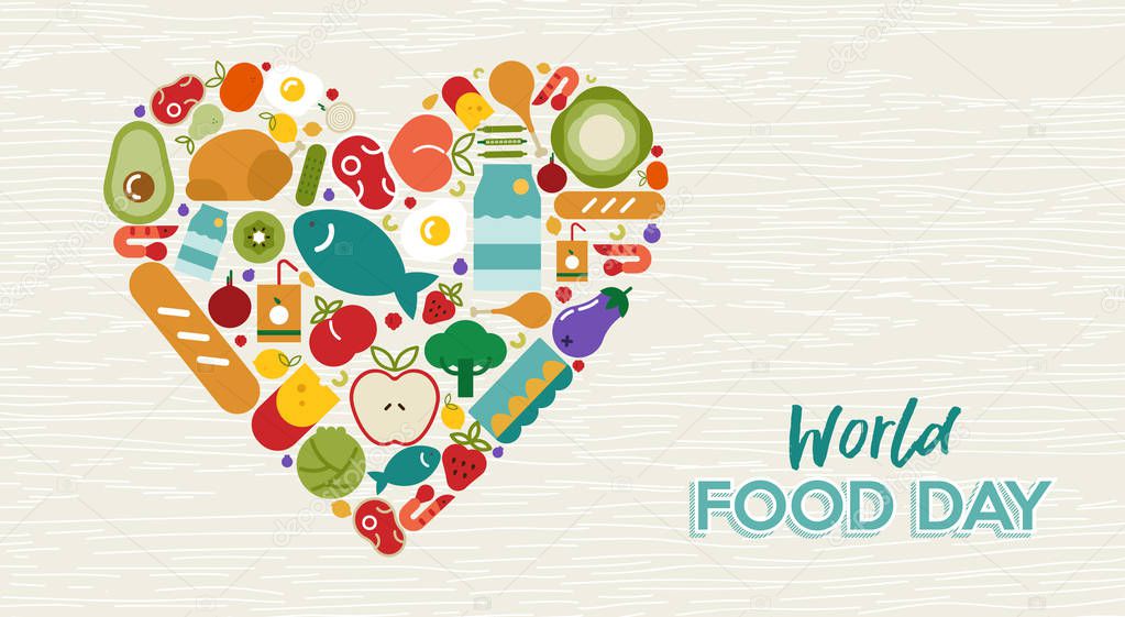 World Food Day greeting card illustration for nutrition and healthy diet with colorful flat cartoon icons in heart shape.
