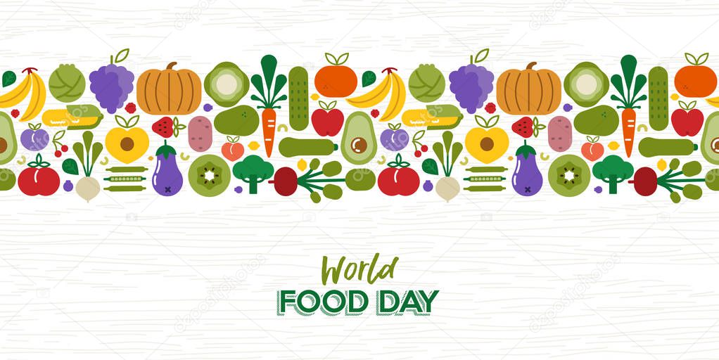World Food Day greeting card with fruit and vegetable seamless pattern. Flat cartoon icon illustration for healthy diet or balanced nutrition concept.