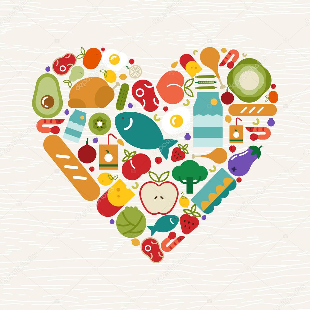 Food icons making heart shape for healthy eating or balanced nutrition concept. Includes fruit, vegetables, meat, bread and dairy.