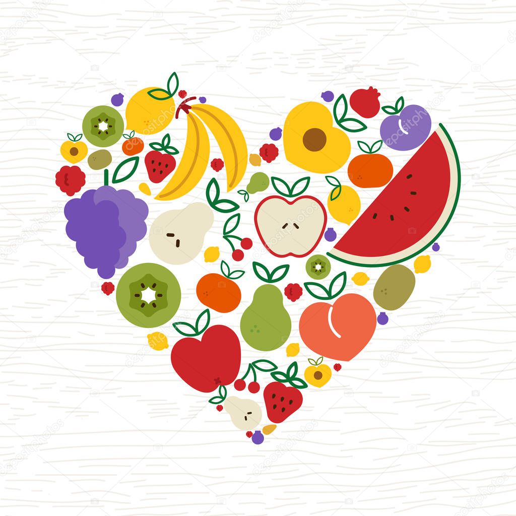 Fruit icons making heart shape for healthy eating or organic food concept. Includes apple, orange, banana, watermelon, strawberry and more.