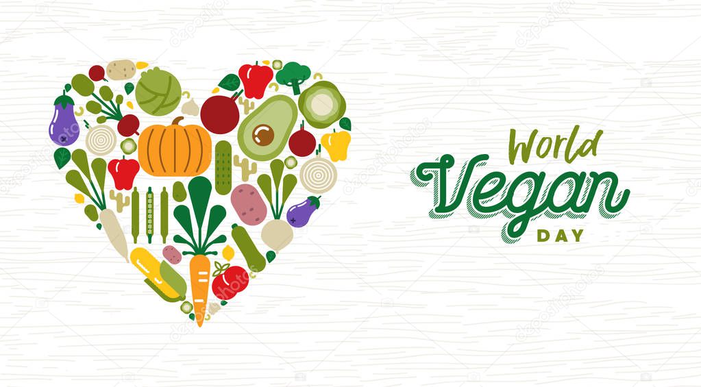 World Vegan Day greeting card illustration for organic food and healthy diet with colorful flat cartoon vegetable icons.