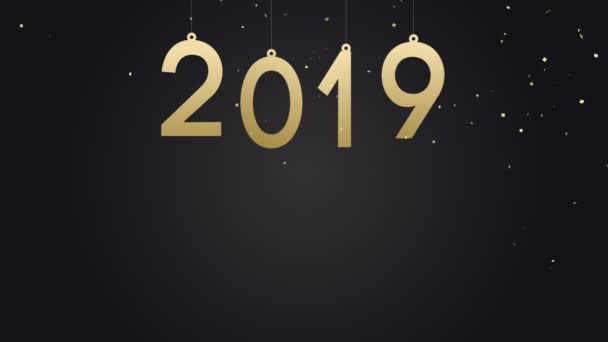 ゴールド新年 2019年モーション グラフィックス アニメーション パーティー紙吹雪爆発 エレガントな黄金お祝いシーズンの夜イベントのビデオ カード 休日の映像の挨拶 — ストック動画