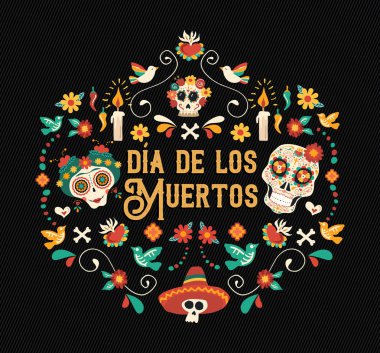 Gün ölü İspanyolca dil tebrik kartı şekil. Geleneksel Meksika kültür tatil kutlaması tasarım şeker kafatasları ve Meksika dekorasyon ile.
