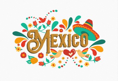 Meksika ülke tipografi illüstrasyon geleneksel Meksika kültür süslemeli el ulusal olay, parti ya da bayram kutlama için stil çizilmiş.