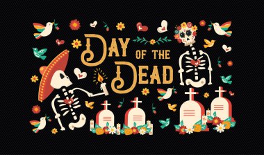 Ölü şeker kafatası banner günü Meksika kutlama, tipografi ve renkli sanat ile geleneksel Meksika iskelet dekorasyon için