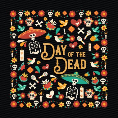 Ölü tebrik kartı illüstrasyon günü geleneksel Meksika kültür tatil kutlaması ile şeker kafatasları ve Meksika dekorasyon için.