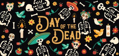 Ölü şeker kafatası banner günü Meksika kutlama, tipografi ve renkli sanat ile geleneksel Meksika iskelet dekorasyon için