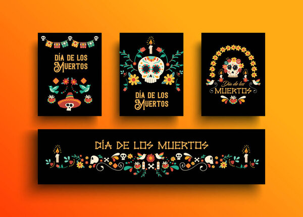 День мертвых открыток шаблон набора для традиционного праздника мексиканской культуры с сахарными черепами и мексиканской отделкой на испанском языке
.
