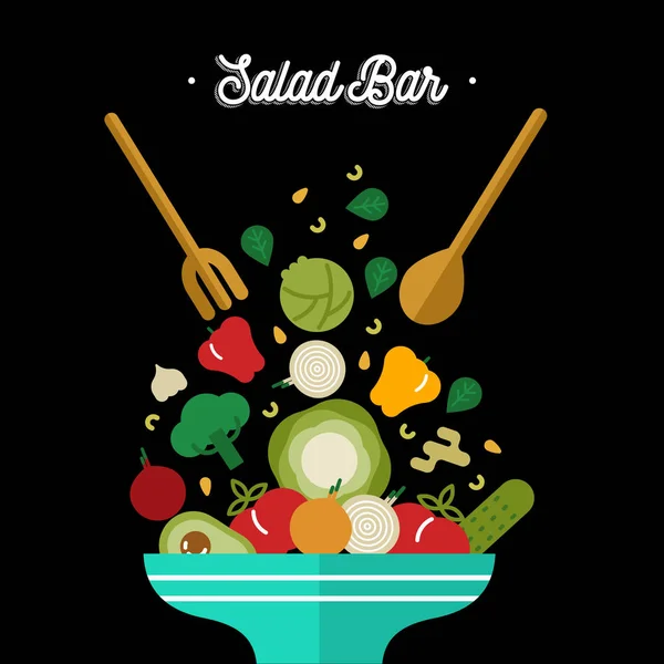 健康的な食事やベジタリアン ダイエット コンセプトのサラダバーの図 カラフルなフラット スタイルで野菜フード ミックス — ストックベクタ