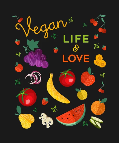 ビーガン料理グリーティング カード イラスト カラフルなフラット漫画のアイコンと有機 健康的なダイエットのため 野菜を含む果物 — ストックベクタ