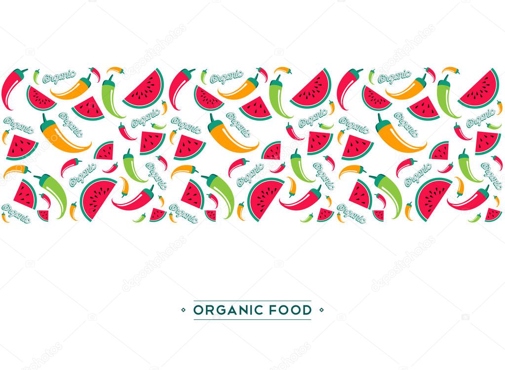 Organic food menu design illustration for healthy diet with colorful hand drawn doodles cartoon pattern of summertime watermelon fruit and pepper vegetable icons background