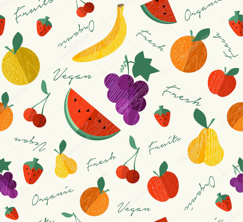 Fresh fruit seamless pattern menu design background for nutrition and healthy organic vegan food diet with colorful flat icons. Includes apple, banana, watermelon, orange.