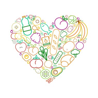 Yeme sağlıklı ve dengeli beslenme kavramı için kalp şekil verme gıda simgeler. Meyve, sebze, et, ekmek ve süt içeren