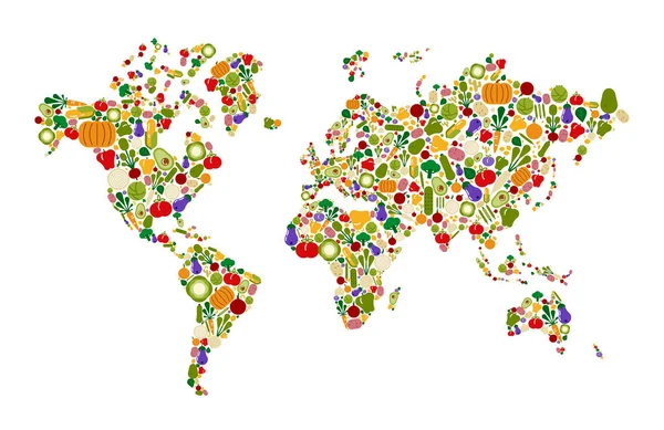 フラット漫画野菜アイコン作られたローフードの世界地図 新鮮な健康的な食事の意識のグローバル コンセプト — ストックベクタ