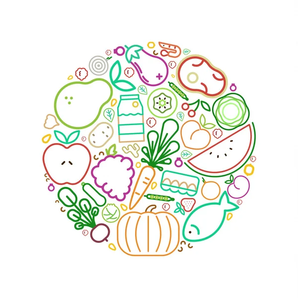 Food Icons Illustration Healthy Eating Balanced Nutrition Concept Includes Fruit — Stock Vector
