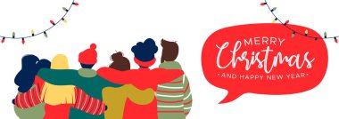 Farklı arkadaş bir grup genç insan birlikte tatil kutlaması için sarılma ile neşeli Noel ve mutlu yeni yıl web banner.
