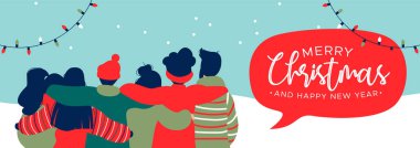 Farklı arkadaş bir grup genç insan birlikte tatil kutlaması için sarılma ile neşeli Noel ve mutlu yeni yıl web banner.