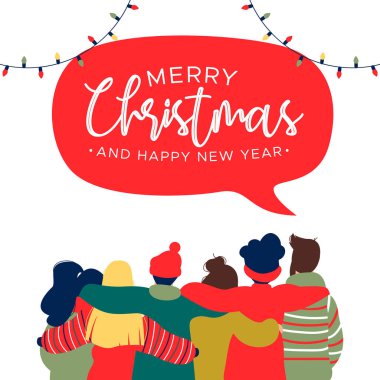 Farklı arkadaş bir grup genç insan birlikte tatil kutlaması için sarılma ile neşeli Noel ve mutlu yeni yıl tebrik kartı illüstrasyon.