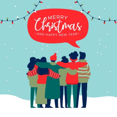 Gençler arkadaş grubu sarılma birlikte tatil partide neşeli Noel ve mutlu yeni yıl tebrik kartı örnektir. Takım arkadaşları çeşitli kültür kutluyor.