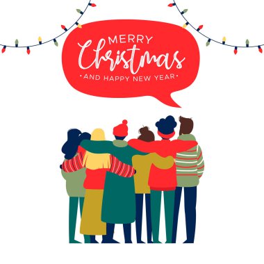 Gençler arkadaş grubu sarılma birlikte tatil partide neşeli Noel ve mutlu yeni yıl tebrik kartı örnektir. Takım arkadaşları çeşitli kültür kutluyor.