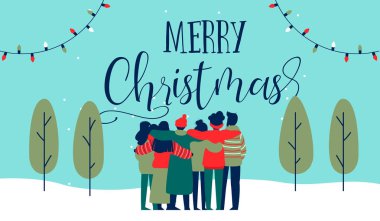 Gençler arkadaş grubu birlikte tatil kış partisinde sarılma neşeli Noel tebrik kartı örnektir. Çeşitli sosyal arkadaş ekip farklı kültürlerden kutluyor.