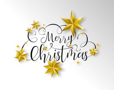 Neşeli Noel kaligrafi tebrik kartı veya parti davetiyesi illüstrasyon, el yazısı tipografi metin teklifle şenlikli 3d altın yıldız. Zarif tatil ileti arka planını.