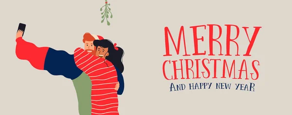 Vrolijke Kerstmis Gelukkig Nieuwjaar Web Banner Afbeelding Duizendjarige Paar Nemen — Stockvector