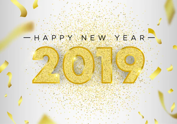 Happy New Year 2019, holiday luxury greeting card illustration with number typography made of gold glitter and party confetti on white background.