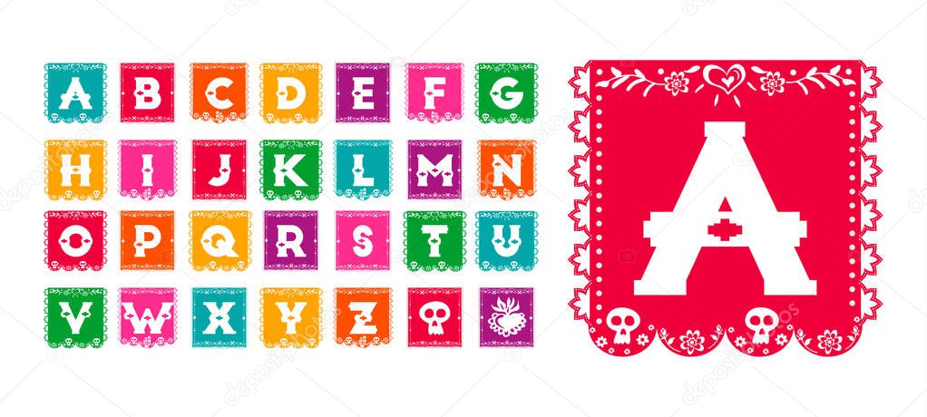 Mexican style alphabet typography set, traditional paper flag font in festive colors with day of the dead skull decoration.