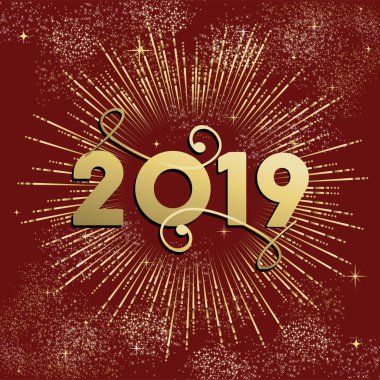 Mutlu yeni yıl 2019 tebrik kartı tasarımı, altın havai fişek patlama ile yıldızlar ve pırıltılar.