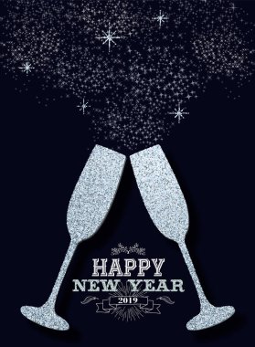 Mutlu yeni yıl 2019 lüks kutlama şampanya Glitter pırıltı gözlük tezahürat. Tebrik kartı veya zarif Tatil Partisi Davetiyesi için idealdir.