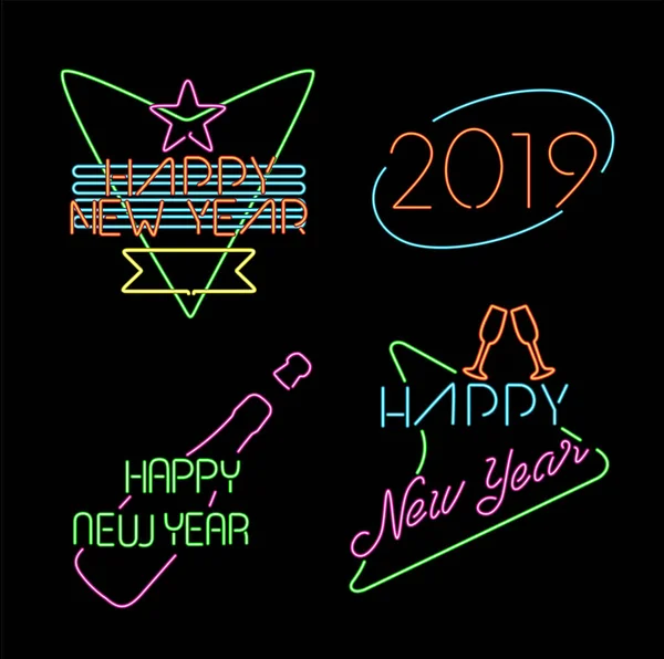 Feliz Año Nuevo 2019 Conjunto Etiquetas Estilo Luz Neón Diseños — Archivo Imágenes Vectoriales