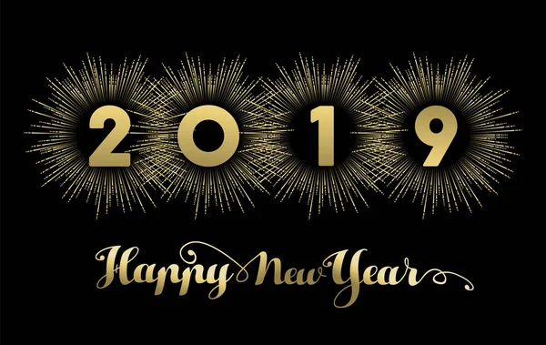 快乐新的一年2019年金色横幅设计 金色文本与烟花爆炸装饰 — 图库矢量图片
