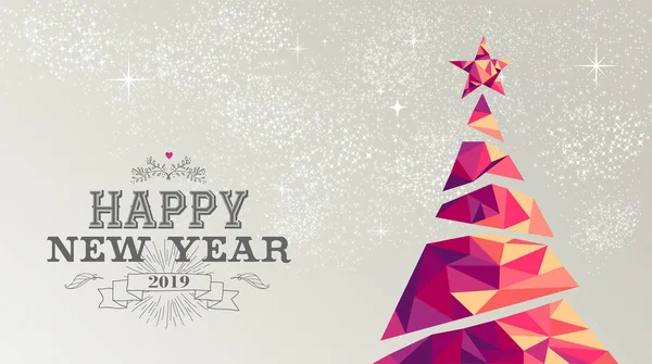 快乐的新年2019年节日装饰贺卡或海报设计与五颜六色的三角圣诞松树和复古标签插图 — 图库矢量图片