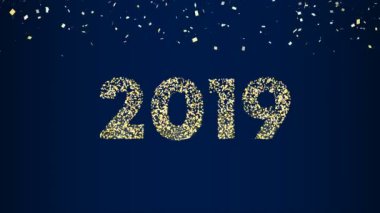 Altın yeni yıl 2019 motion grafik animasyon havai fişek patlama ve konfeti ile. Zarif altın kutlama parti gece olay için ekran kartı. 4k tatil görüntüleri tebrik.
