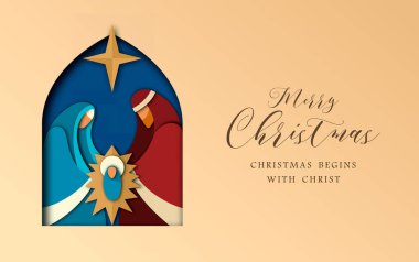 Neşeli Noel tebrik kartı, Kutsal Aile çizimde katmanlı kağıt modern stil kesti. Dini bayram tasarım bebek İsa Mesih.