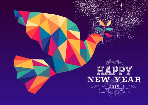 新年あけましておめでとうございます 2019年グリーティング カードやポスターをカラフルな三角形平和鳩とビンテージ ラベル イラスト デザインします Eps10 ベクトル — ストックベクタ