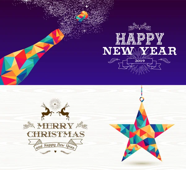 Feliz Año Nuevo Champán Feliz Navidad Estrella Fugaz Formas Triángulo — Vector de stock