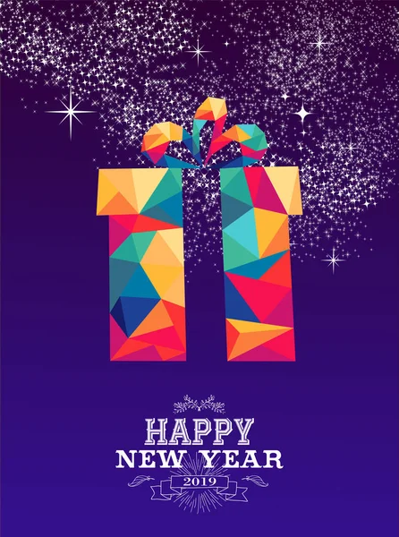 快乐的新的一年2019年贺卡或海报设计 三角形风格的礼物与五颜六色的包装纸和复古标签插图 Eps10 — 图库矢量图片