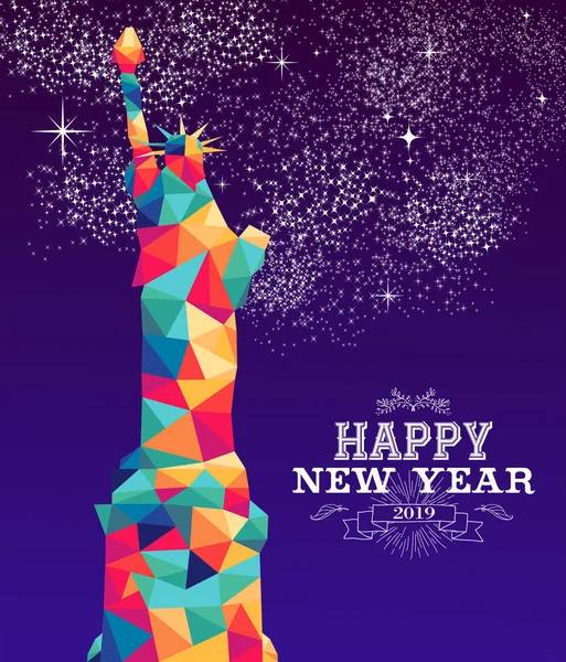 新年あけましておめでとうございます 2019 グリーティング カードまたはニューヨークのカラフルな三角形のポスター デザインやヴィンテージのラベル イラスト Eps10 ベクトル — ストックベクタ