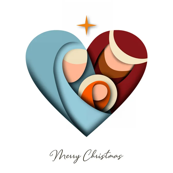 Merry Christmas Kağıt Kesme Tebrik Kartı Kutsal Aile Dini Çizimi — Stok Vektör