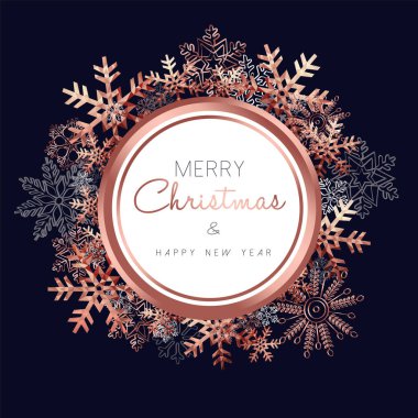 Neşeli Noel tebrik kartı tasarımı bakır kar tanesi dekorasyon arka plan ile kış için tatil sezonu.
